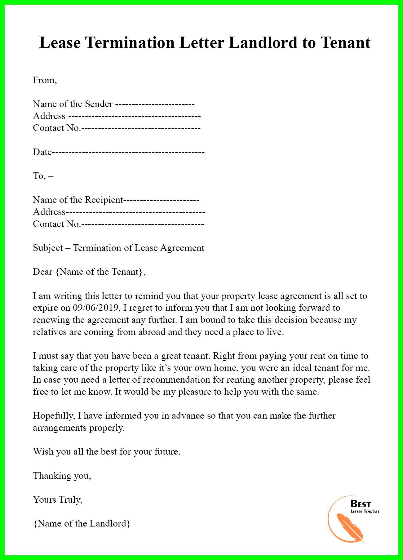 letter to break lease early template