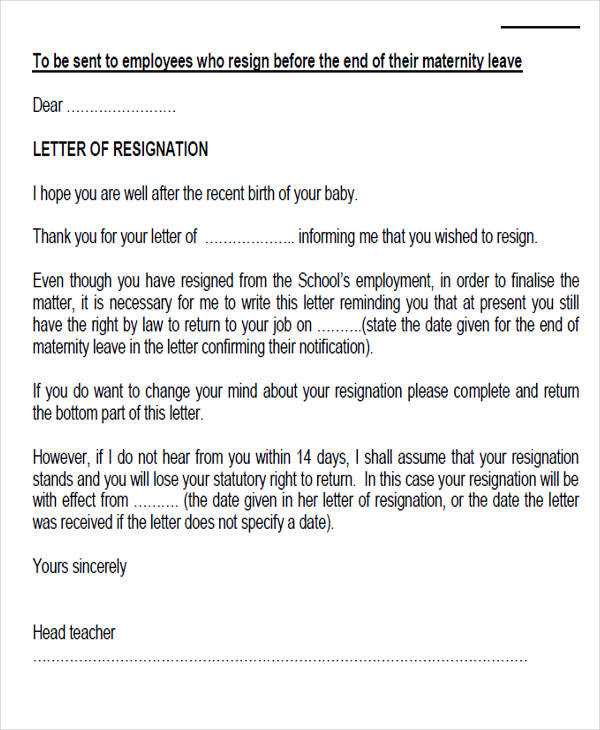 maternity leave resignation letter template