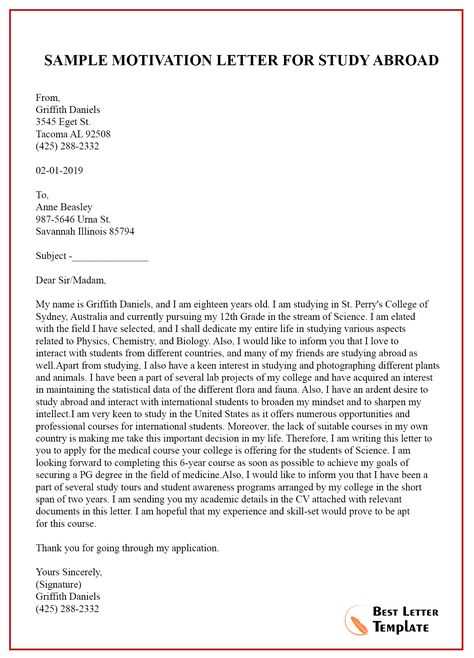 motivation letter for university template