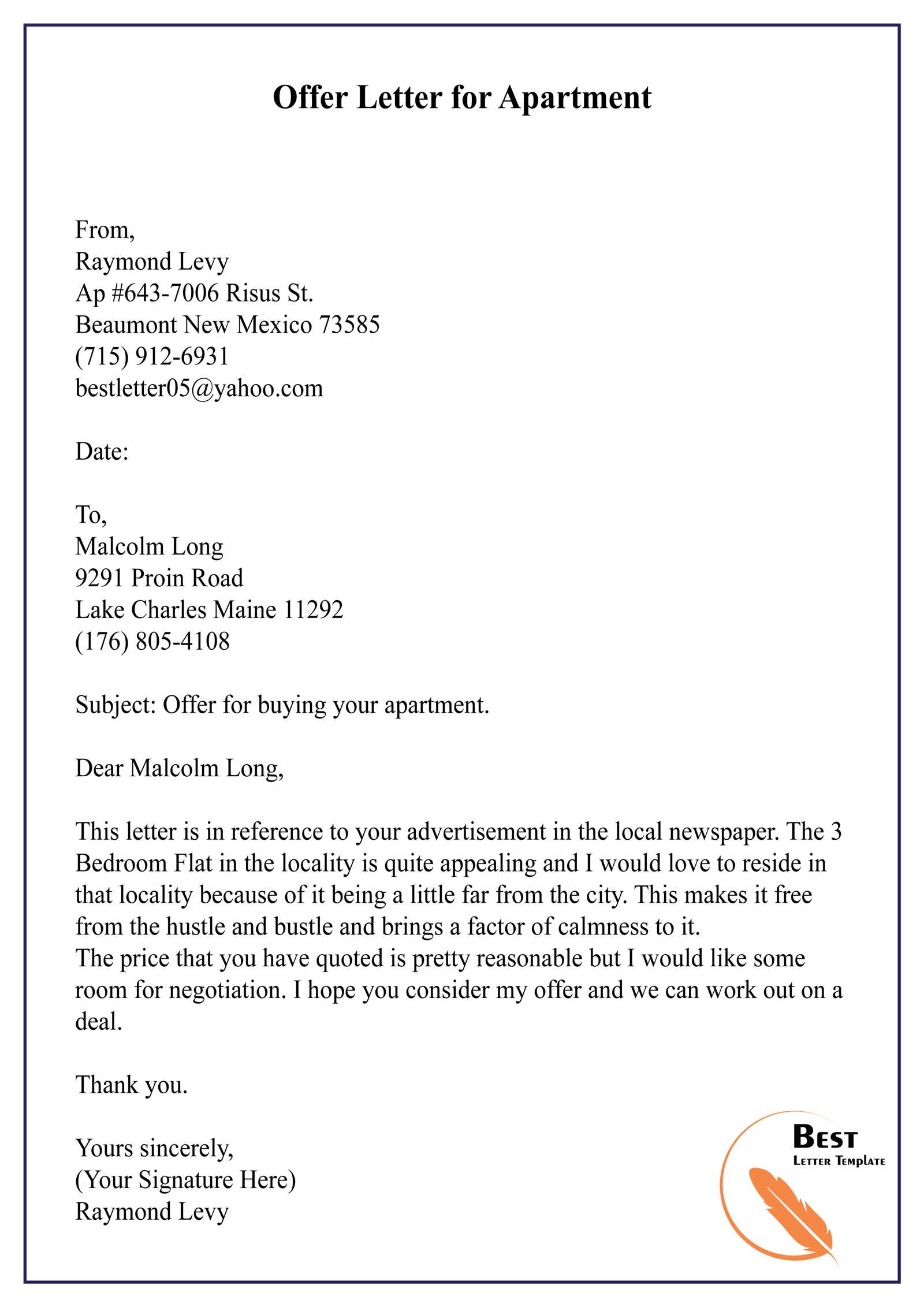 offer letter for apartment template