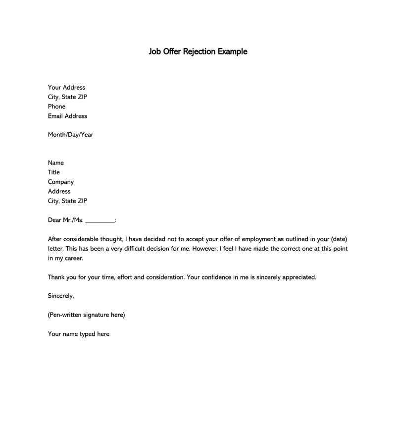 offer rejection letter template