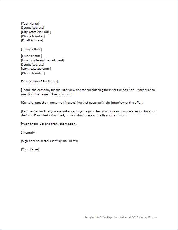 offer rejection letter template