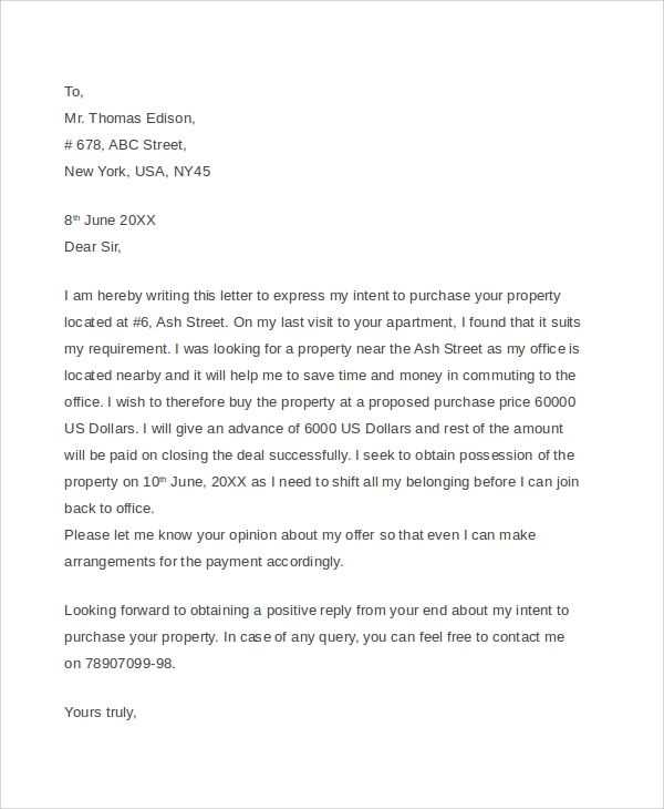 offer to purchase property letter template