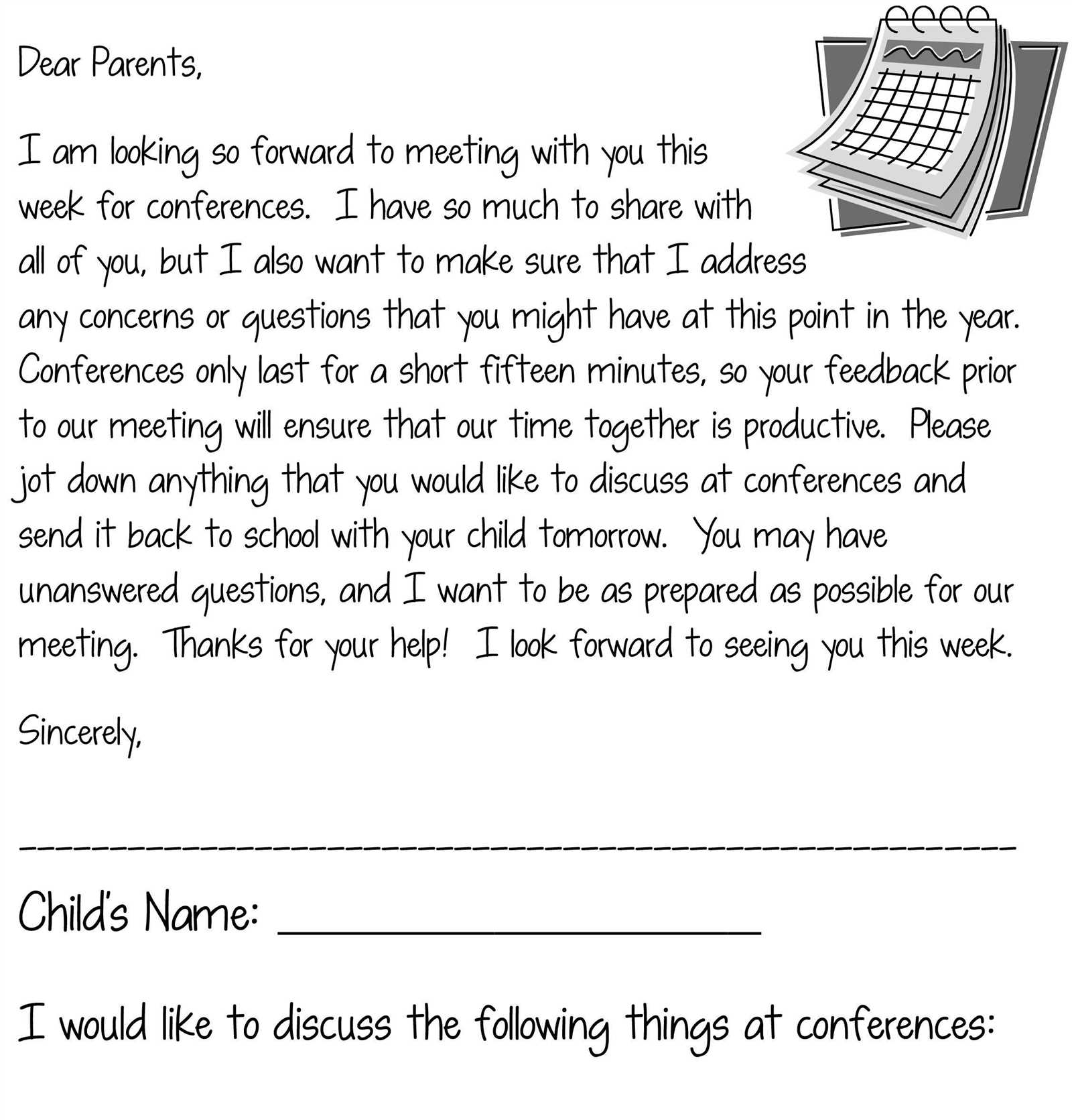 parent teacher conference letter template