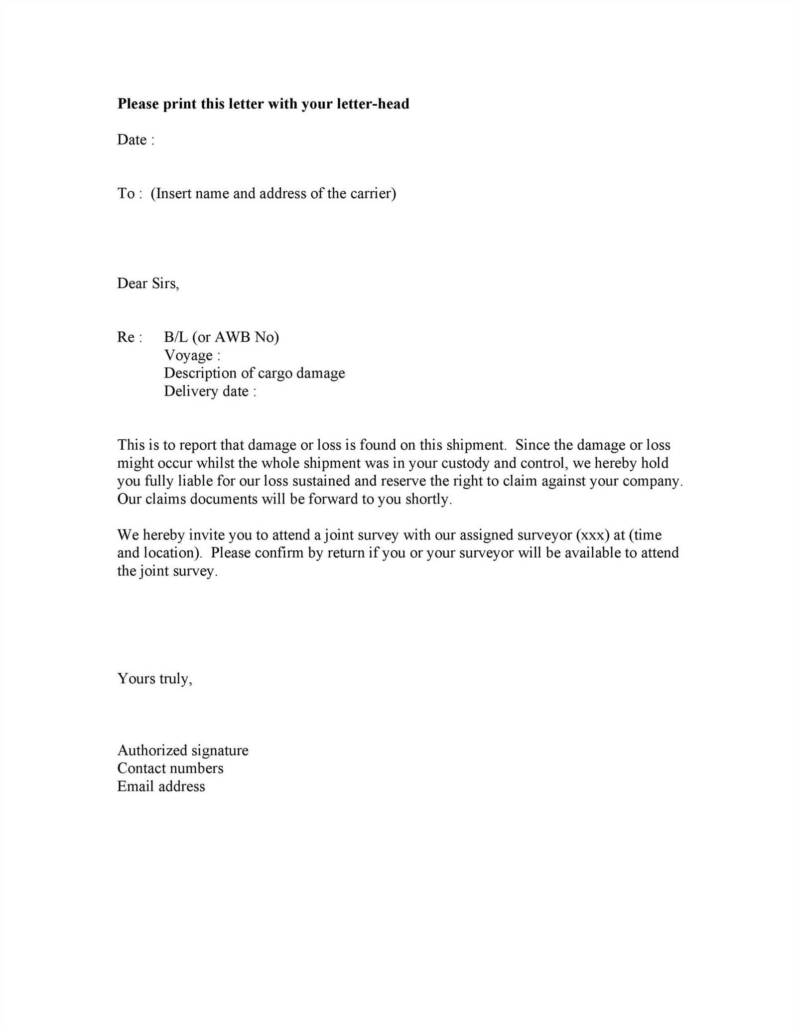 pothole claim letter template
