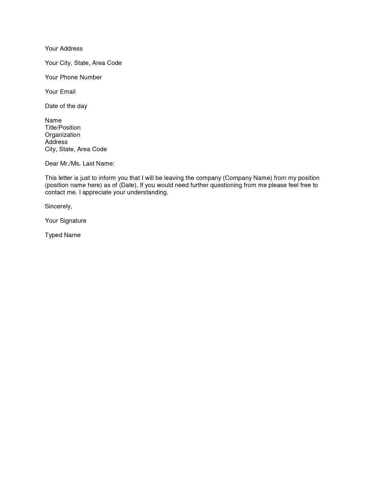 printable easy letter of resignation template