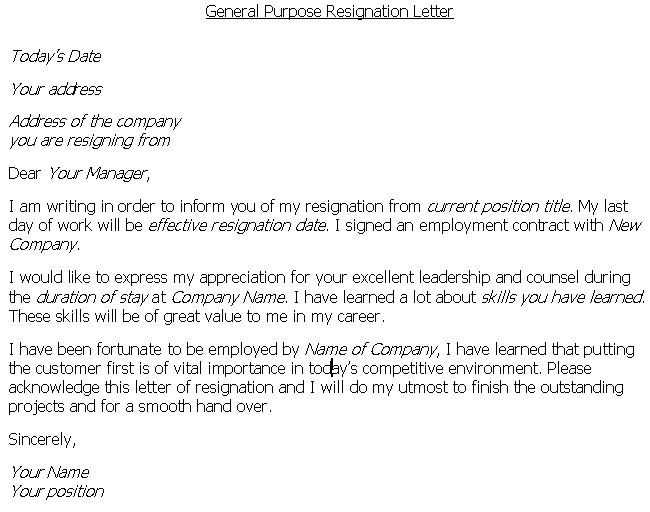 printable letter of resignation template