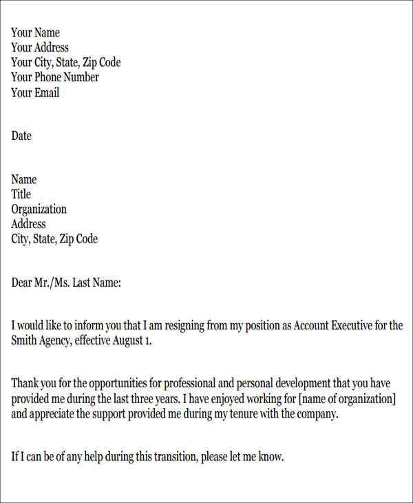 professional resignation letter template pdf