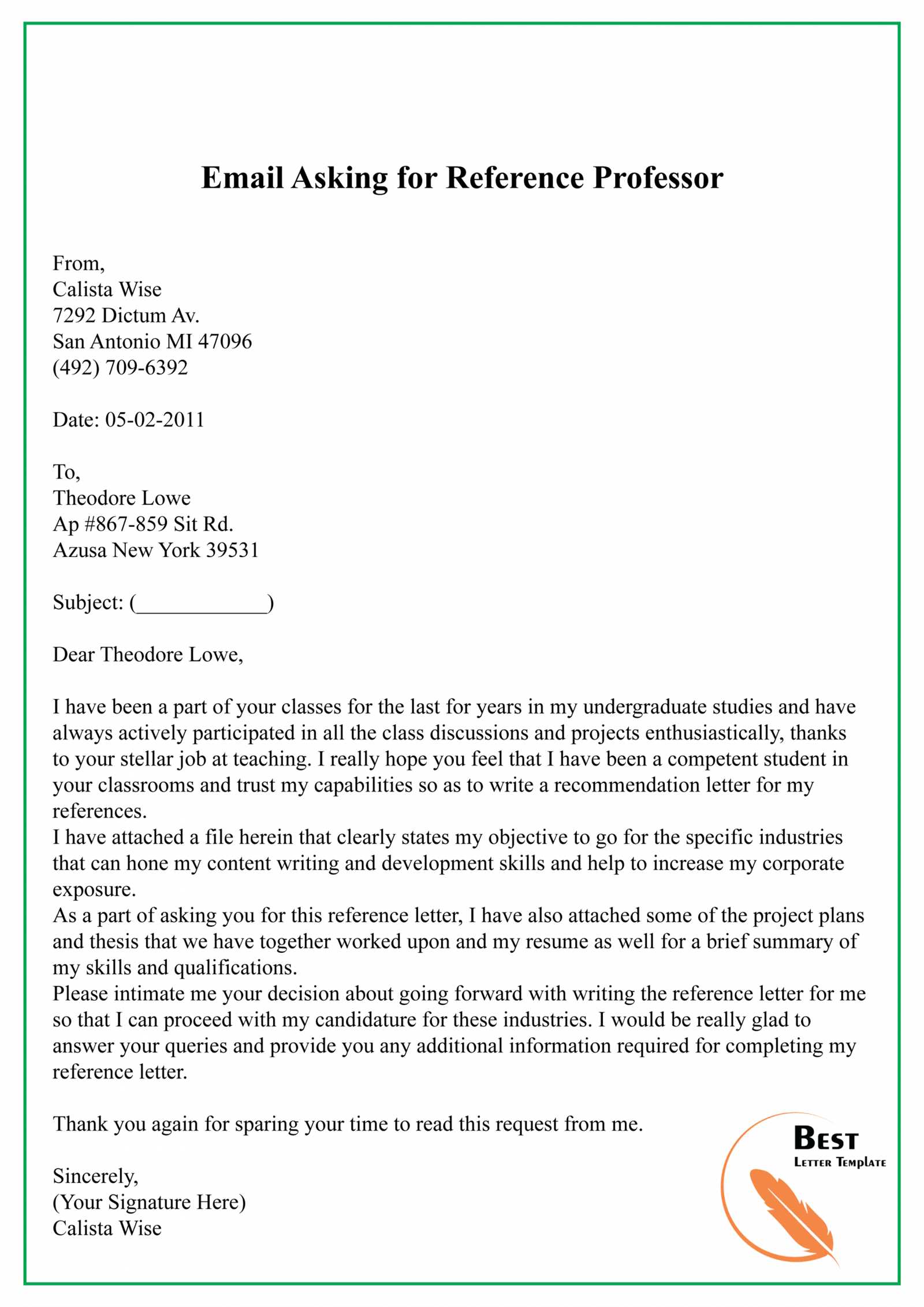 professor reference letter template