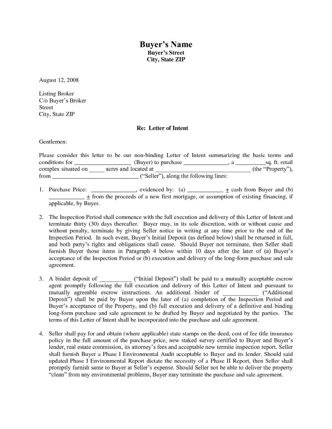 real estate letter of intent template