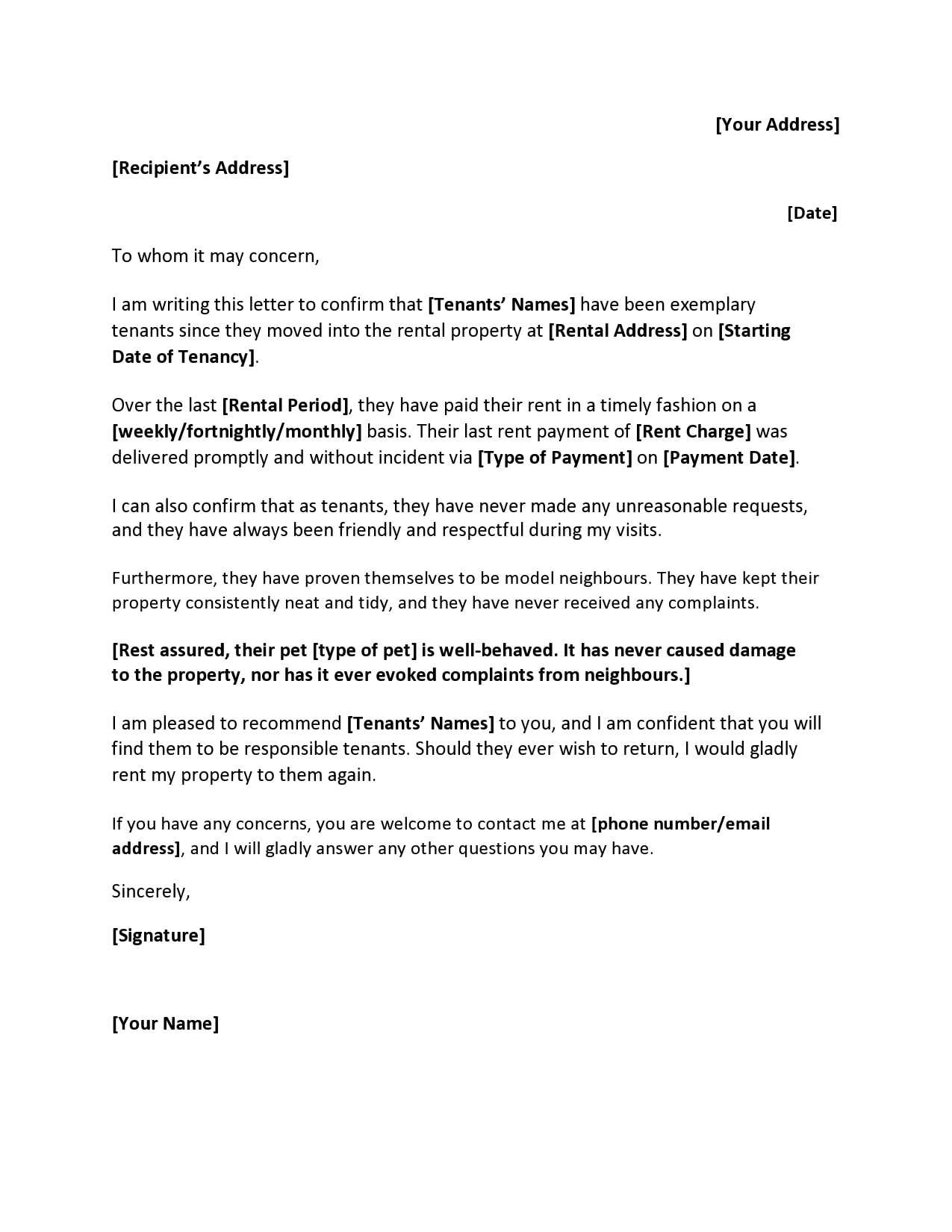 reference letter template for rental property