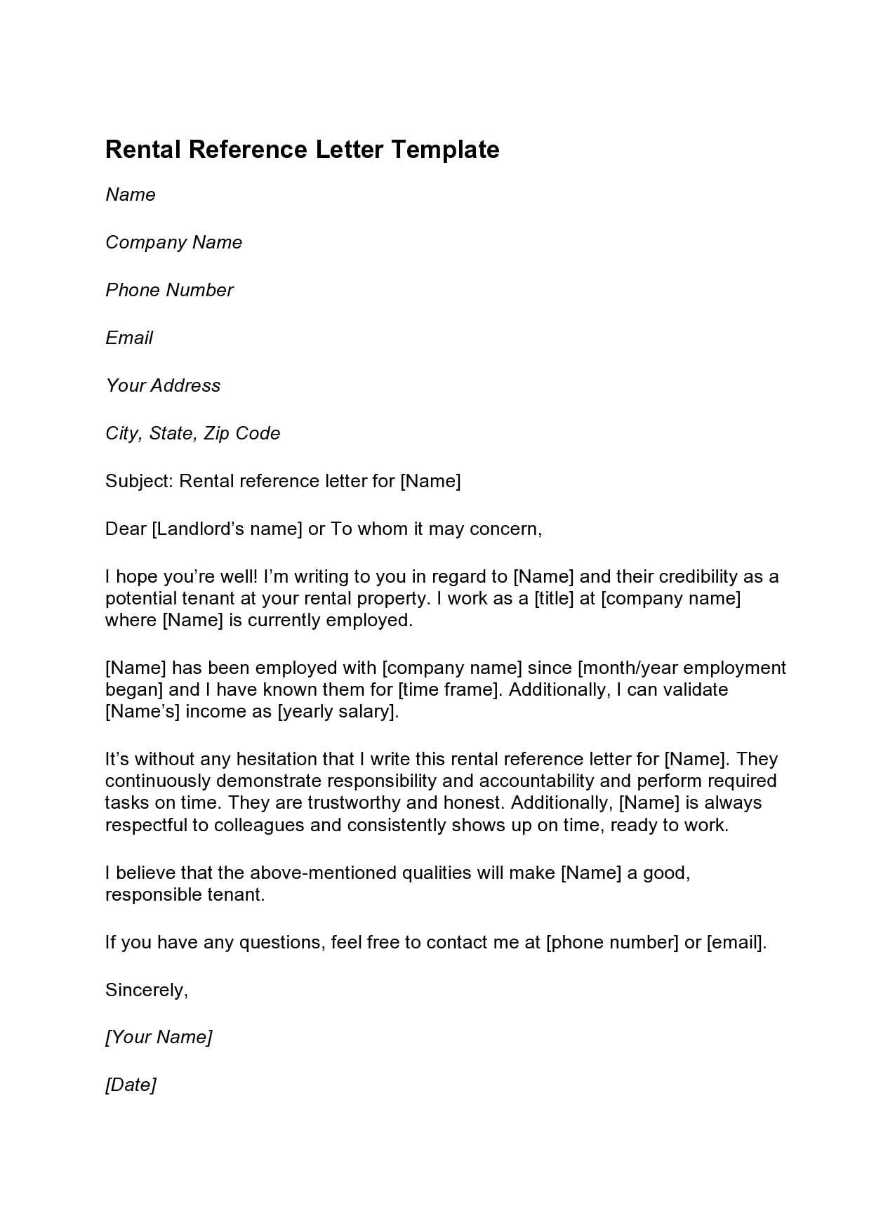 rental reference letter from friend template