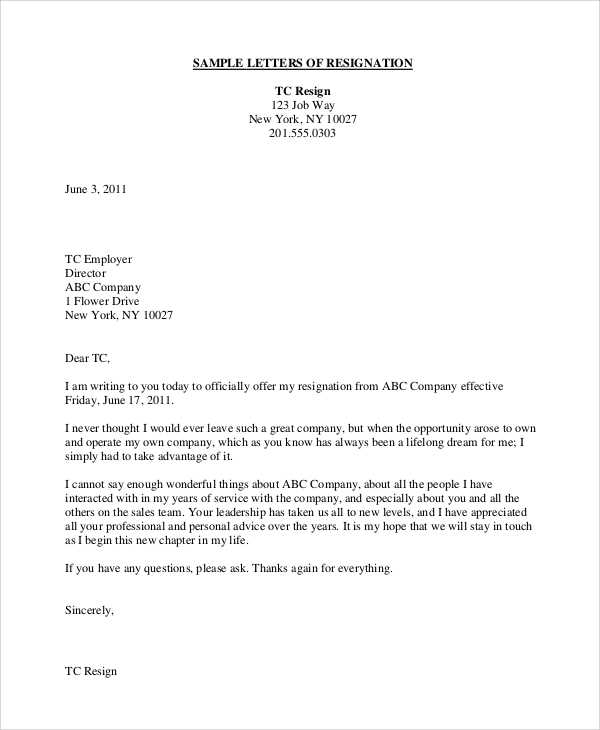 resignation letter example template