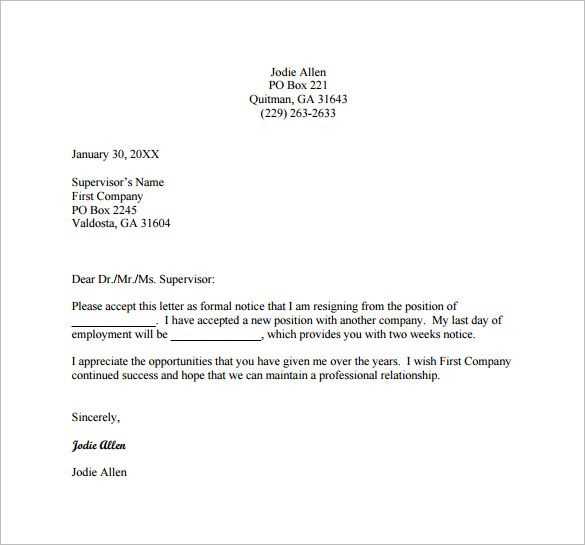 resignation letter format template