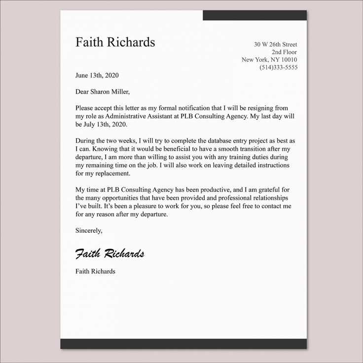 resignation letter template 1 week notice