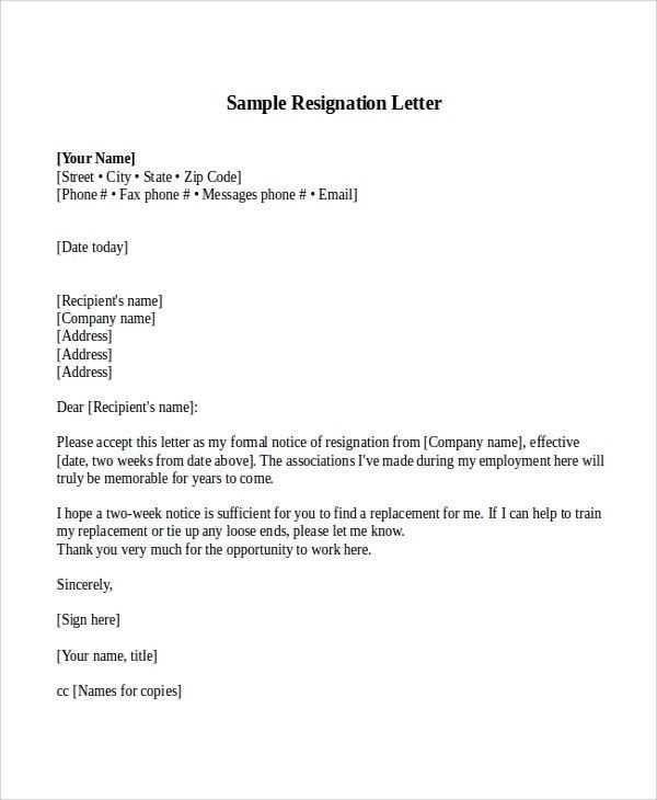 resignation letter template 1 week notice