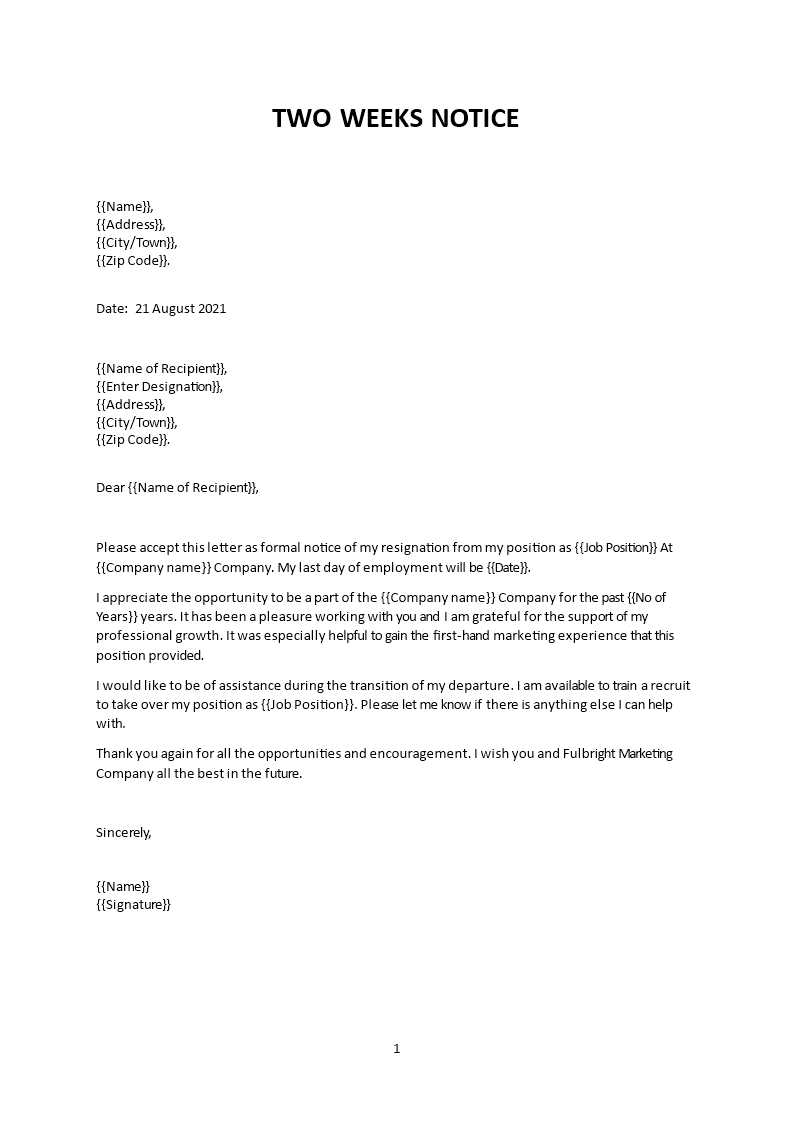 resignation letter template 2 weeks notice