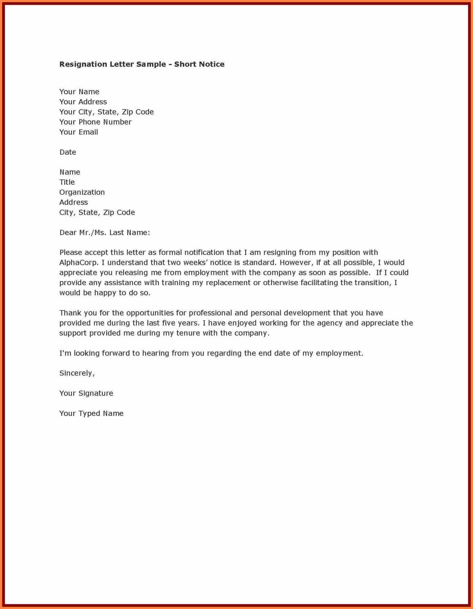 resignation letter template 2 weeks notice