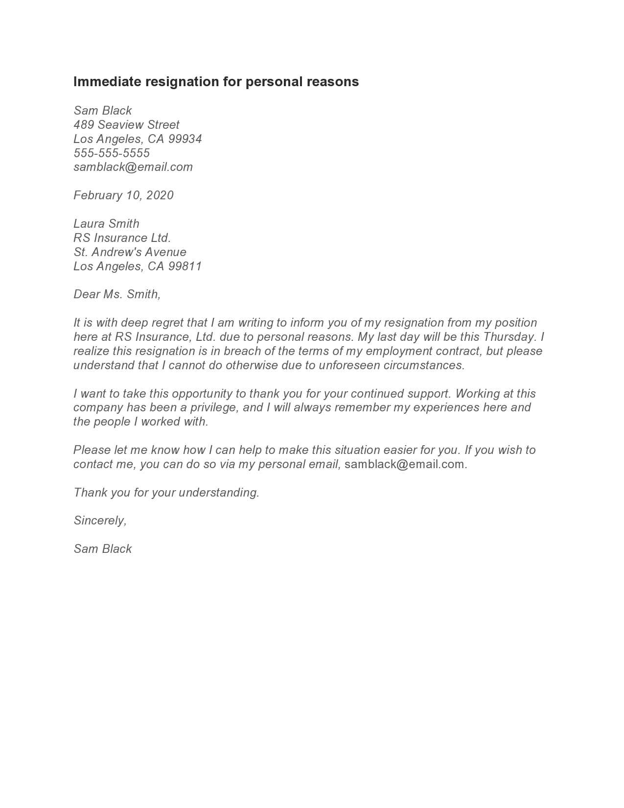 resignation letter template due to personal reasons