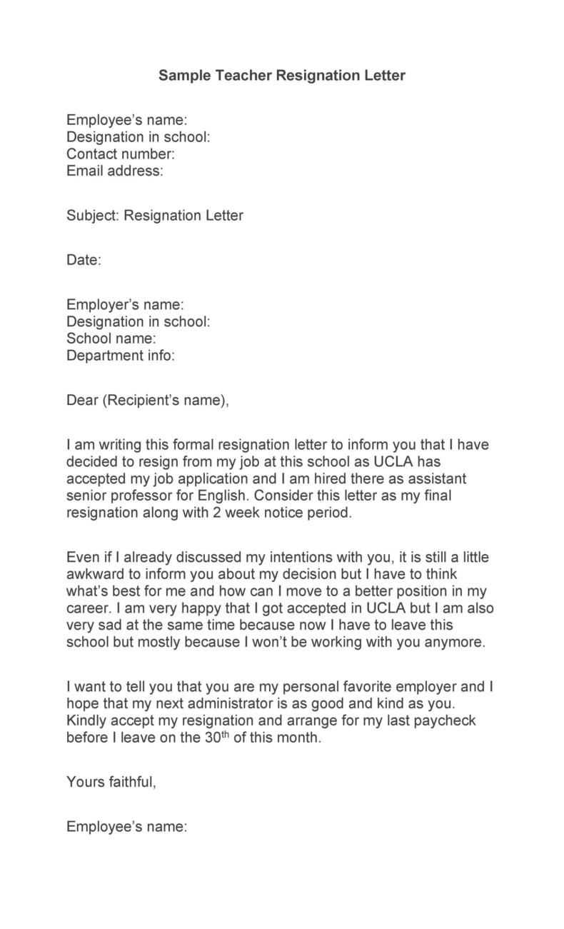 resignation letter template for teachers