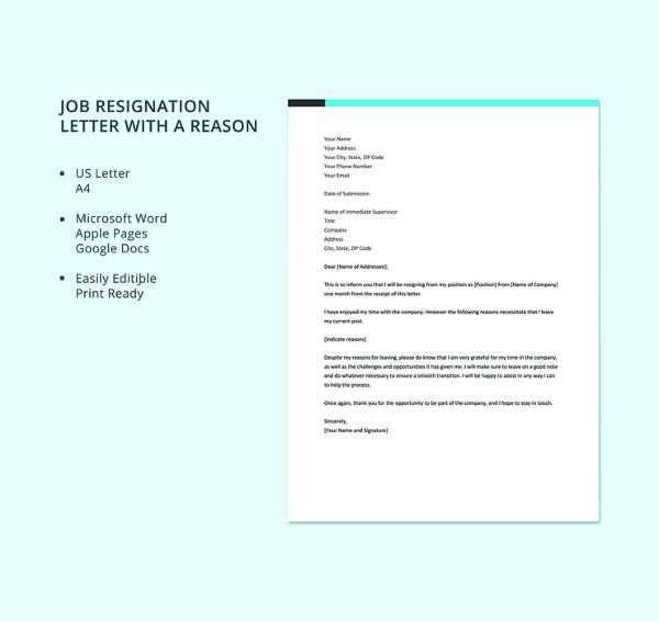 resignation letter template with reason