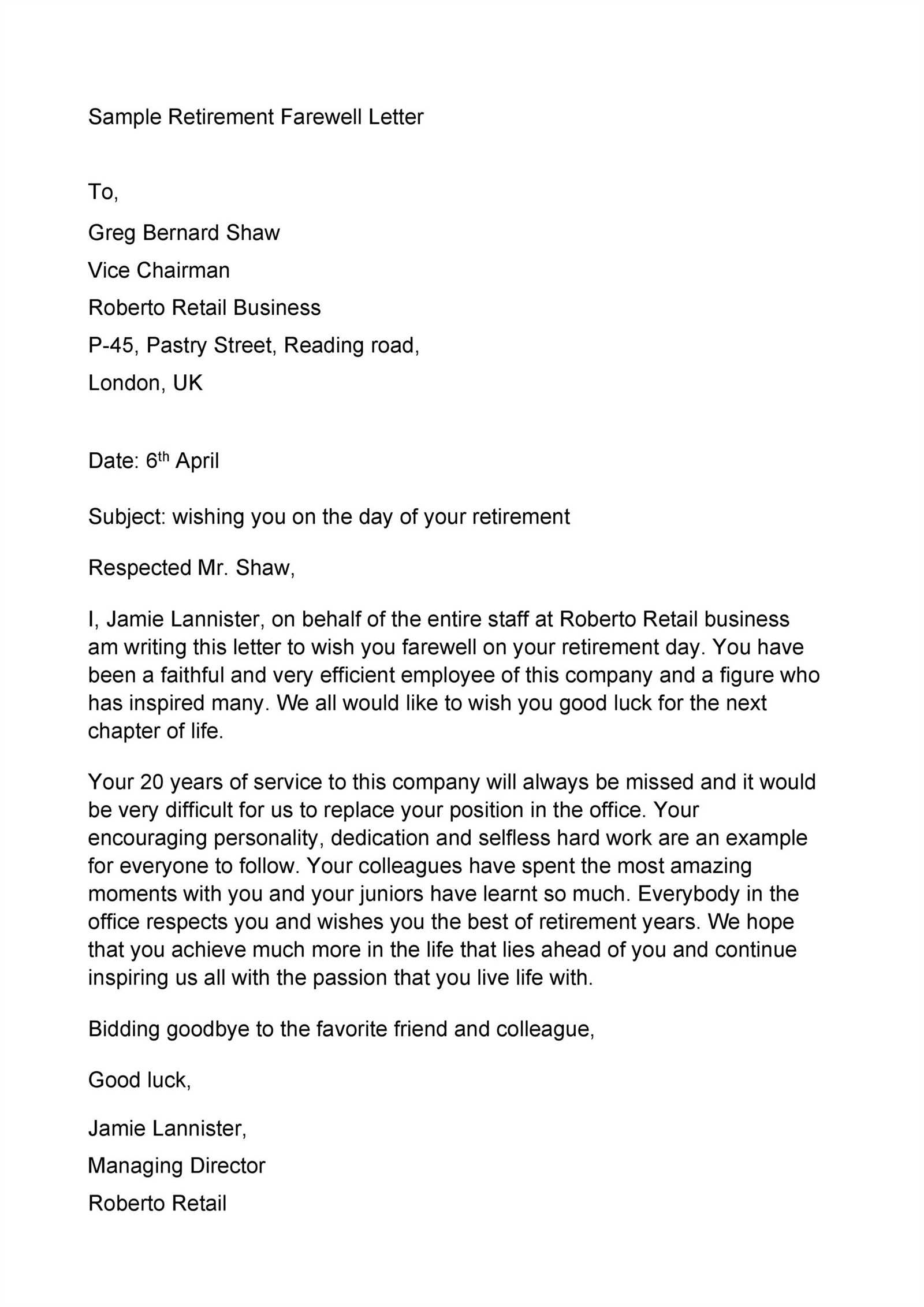 retirement letter from employer to employee template