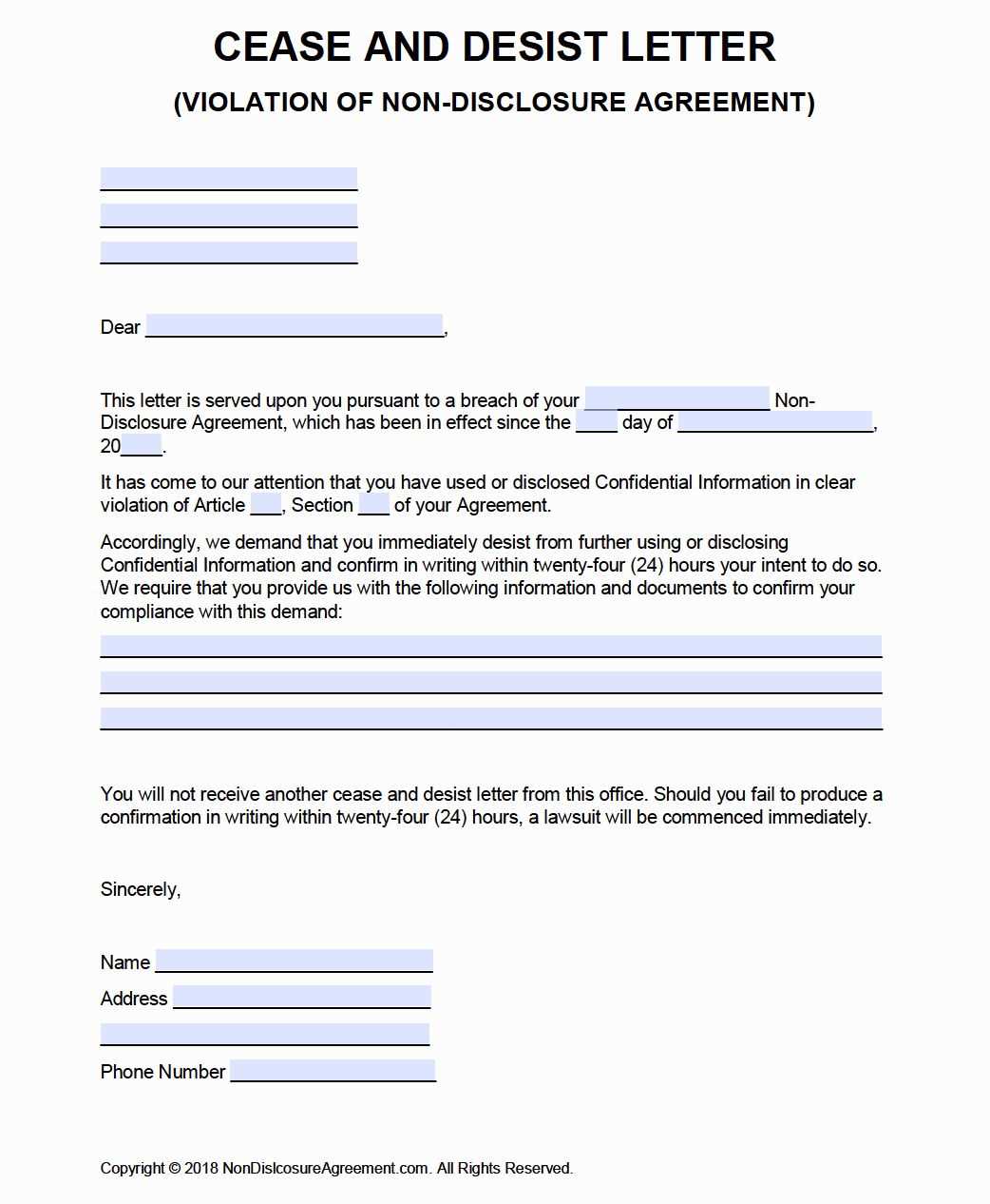 sample cease and desist letter template harassment