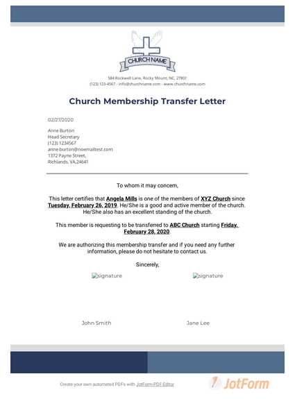 sample church membership transfer letter template