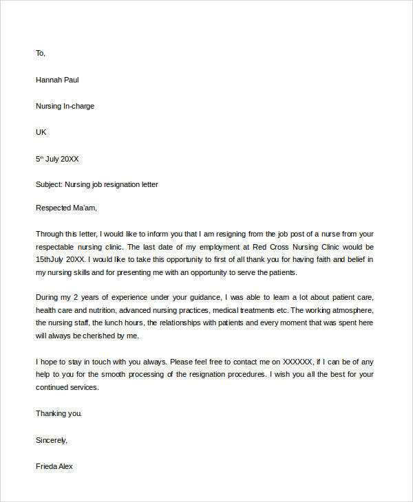 sample nursing resignation letter template