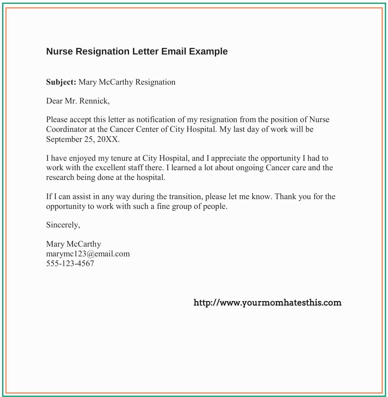 sample nursing resignation letter template