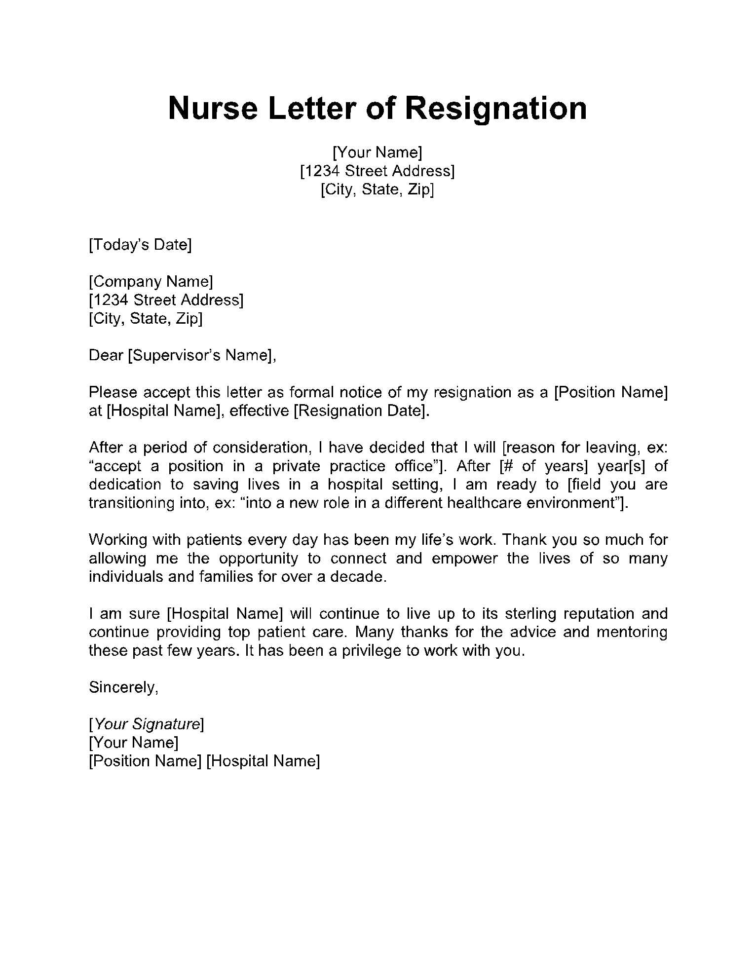 sample nursing resignation letter template