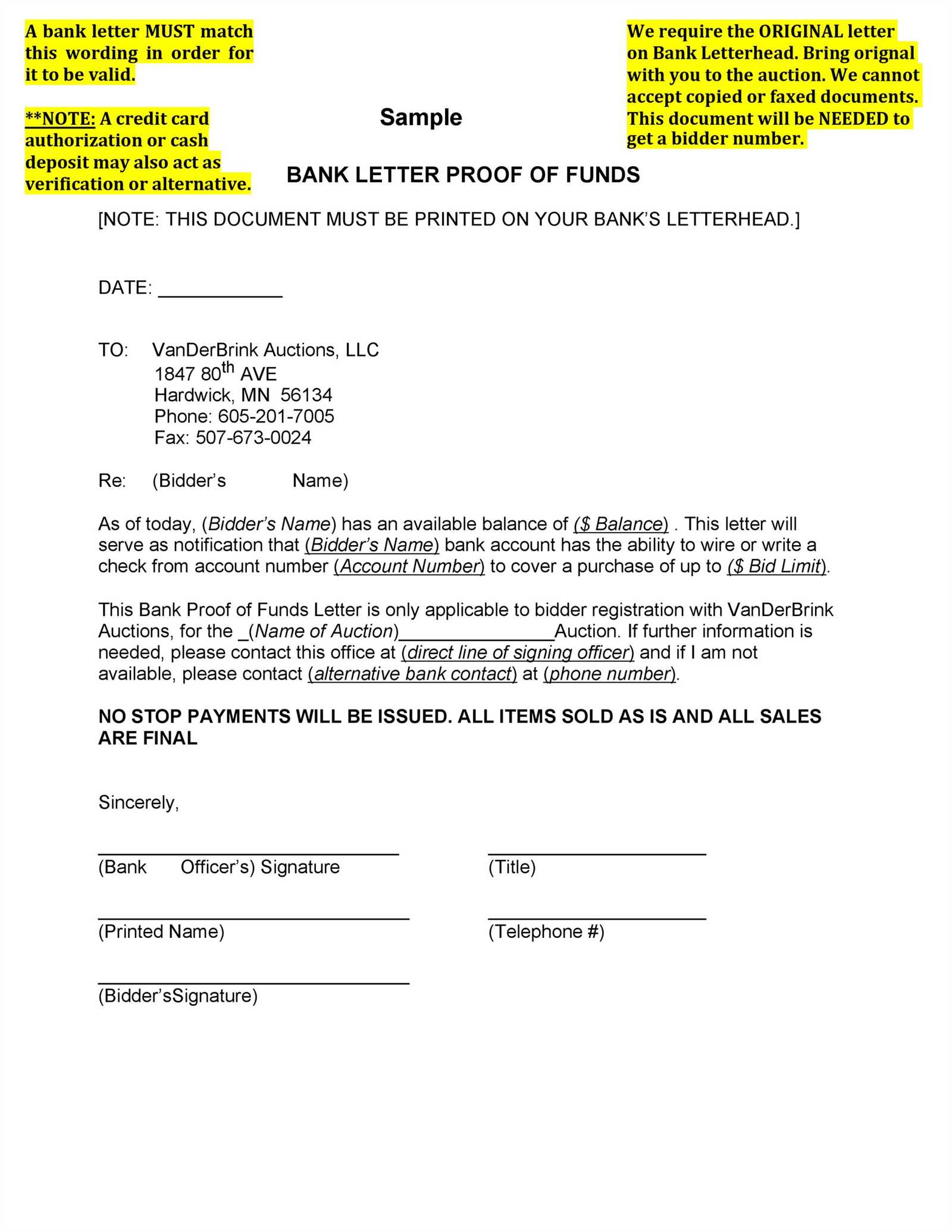 sample proof of funds letter template