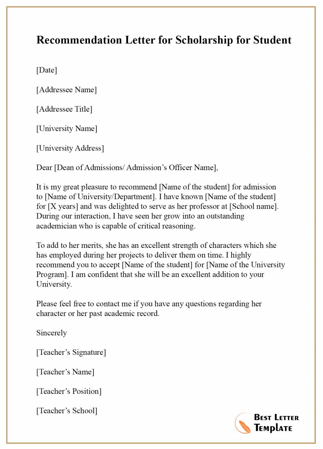 scholarship letter of recommendation template for student