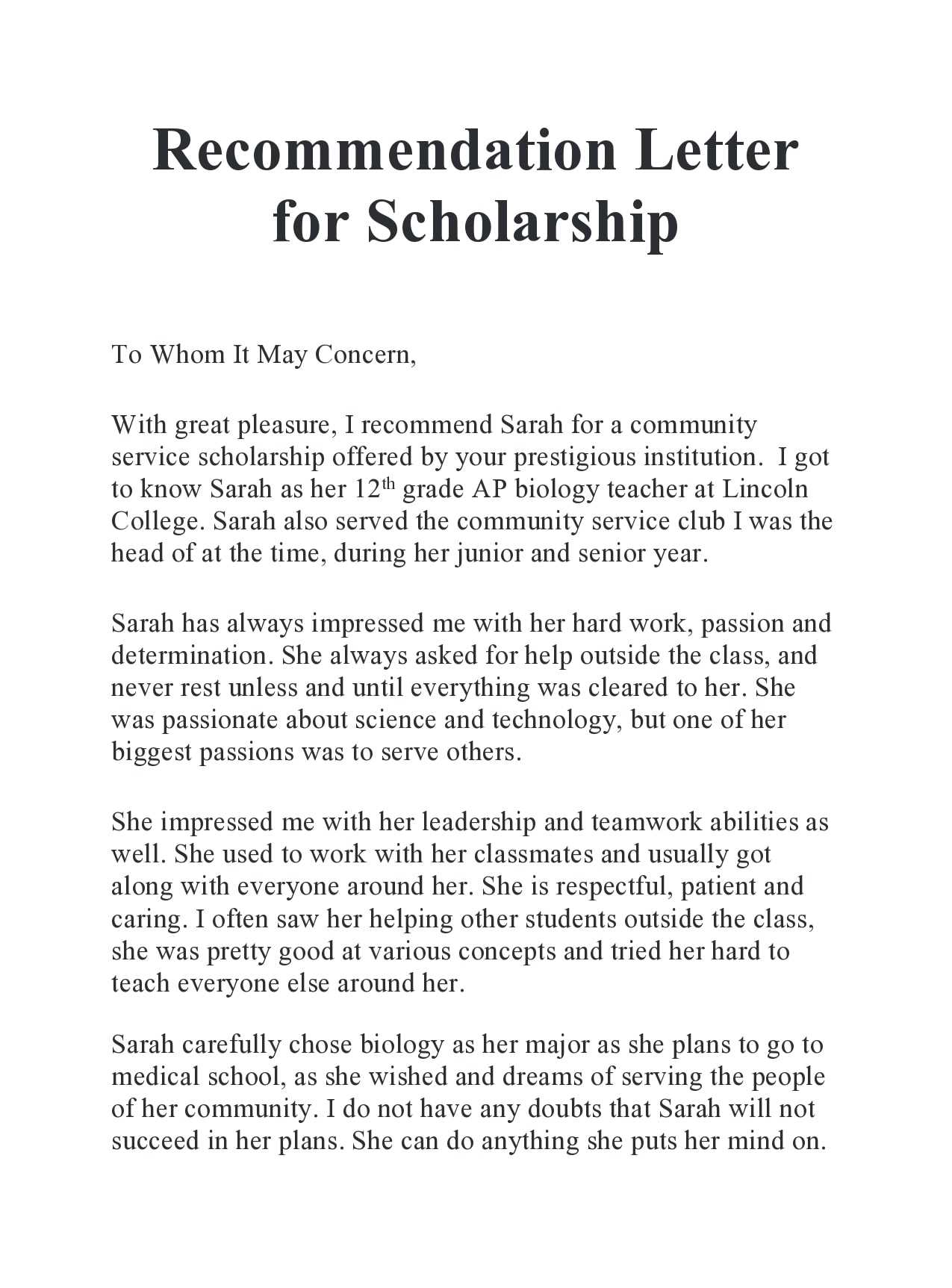 scholarship reference letter template