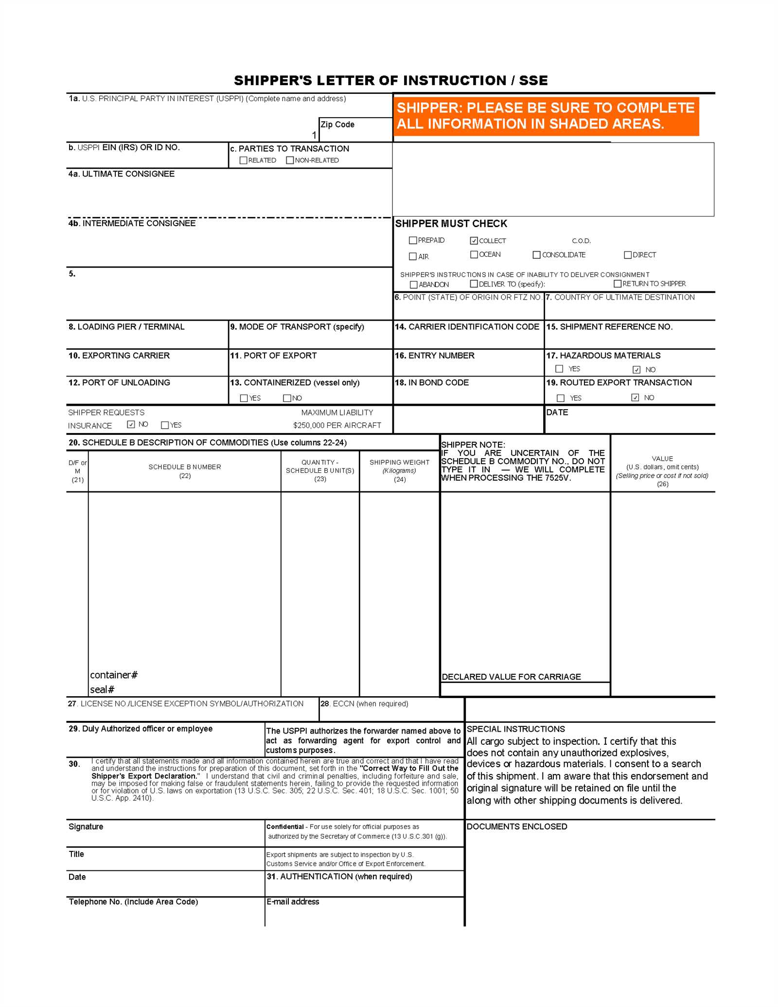 shippers letter of instructions template