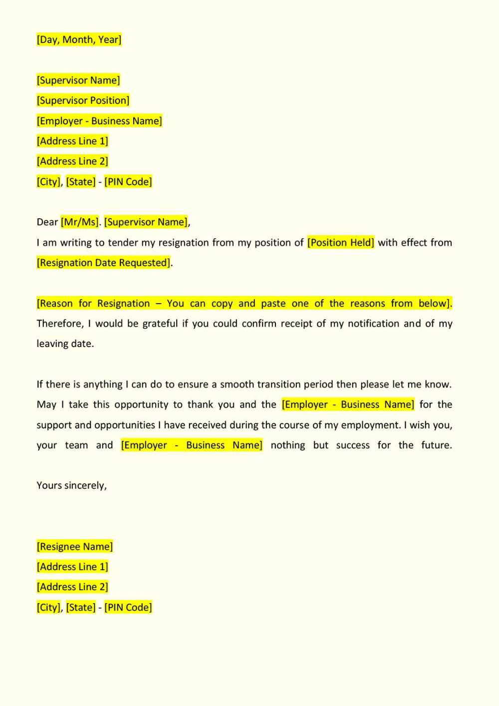 standard letter of resignation template