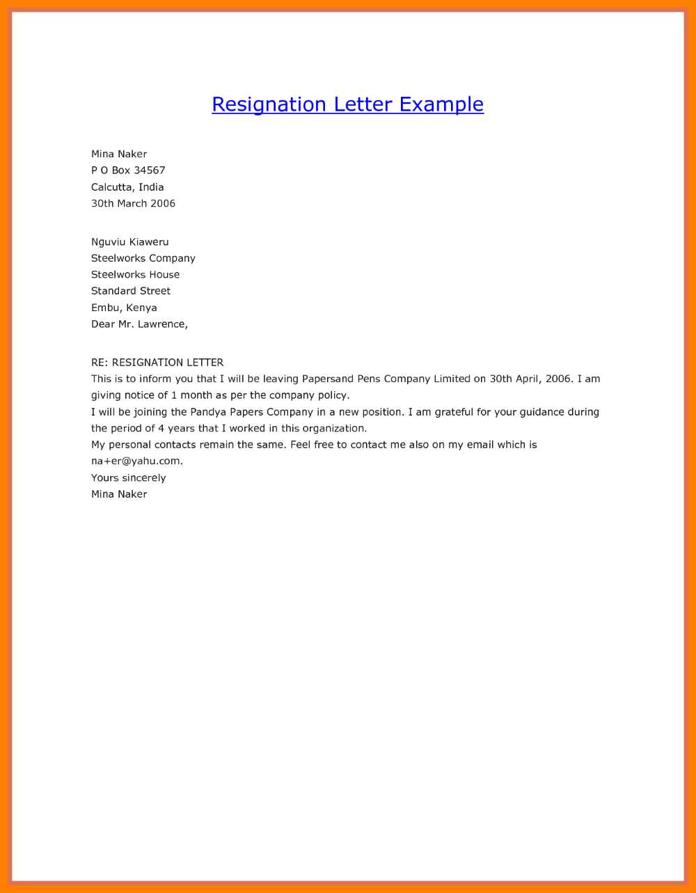 standard letter of resignation template