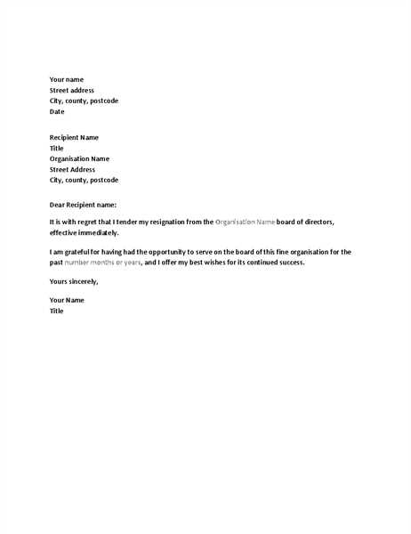 standard letter of resignation template