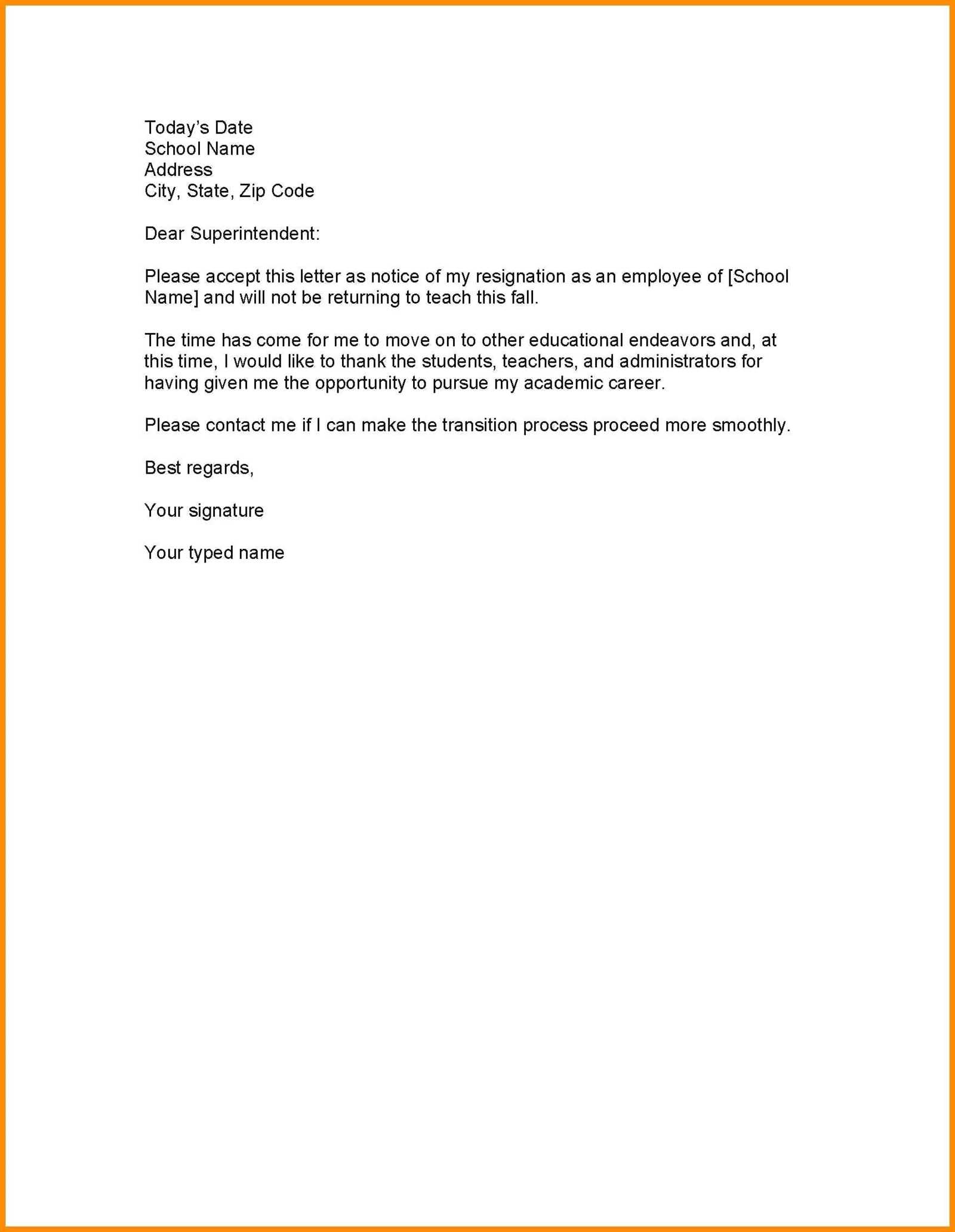 teacher letter of resignation template