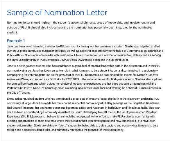 template for nomination letter