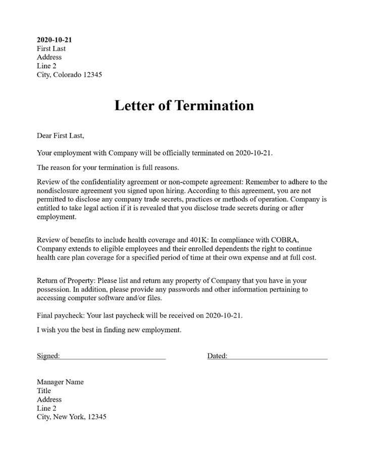 template for notice of termination of employment letter