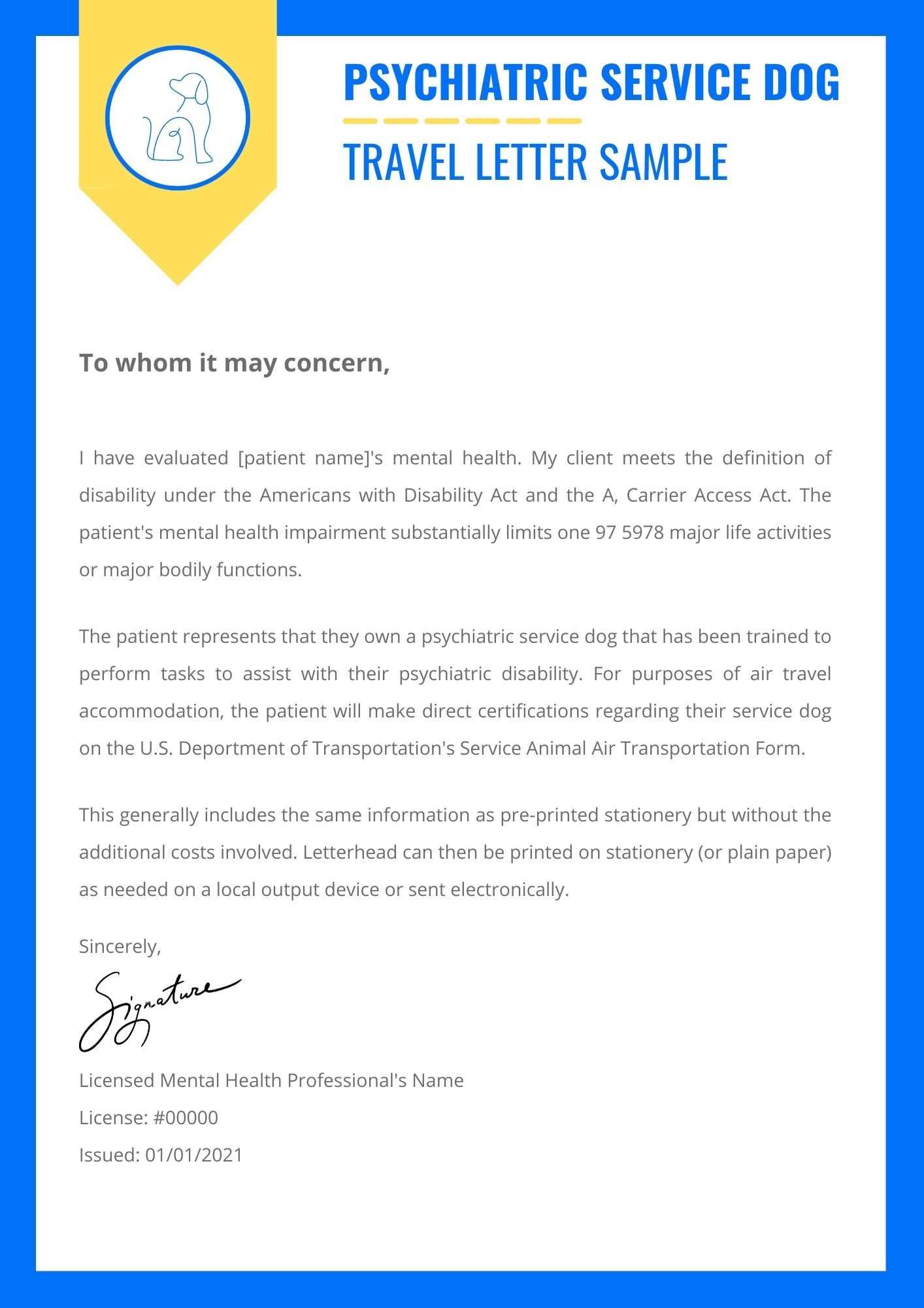 template for service dog letter