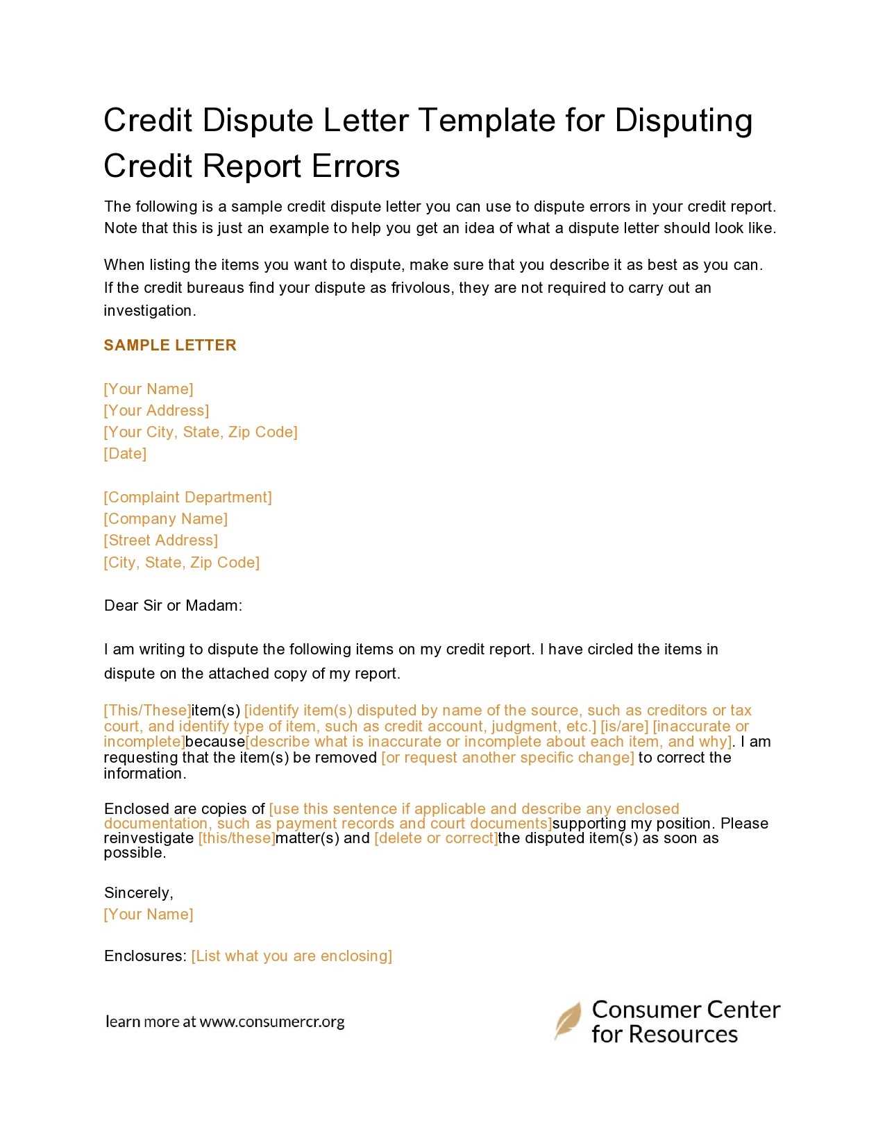 template letter for credit dispute