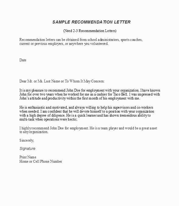 template recommendation letter for job