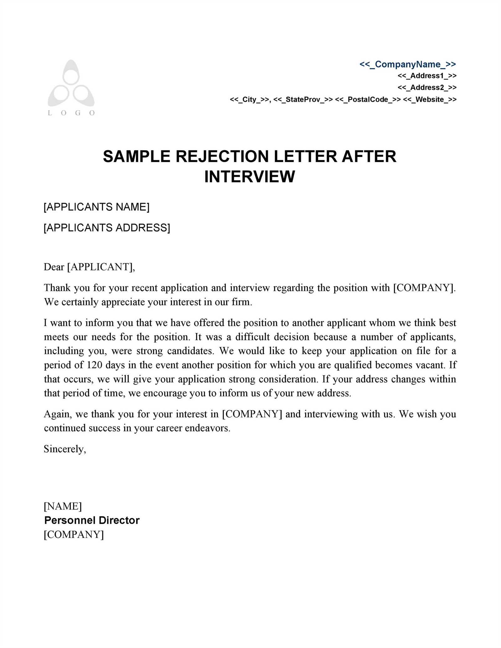 template rejection letter after application