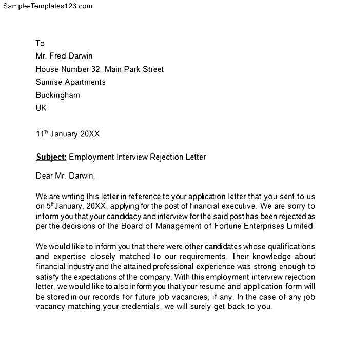 template rejection letter after interview