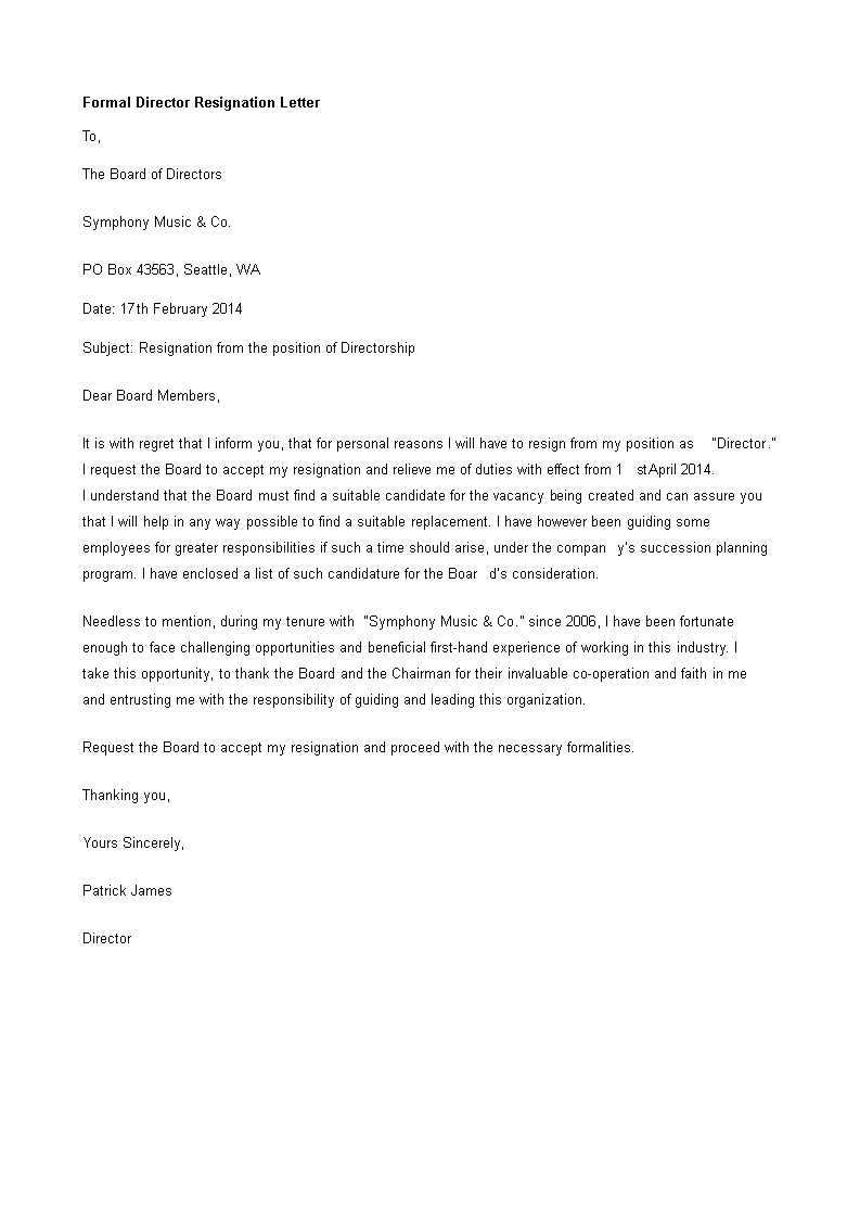 template resignation letter from board of directors