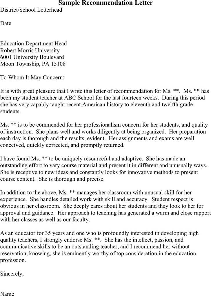 templates for letter of recommendation