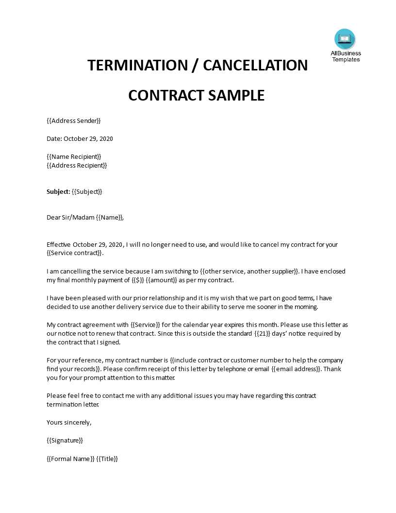 termination of contract letter template