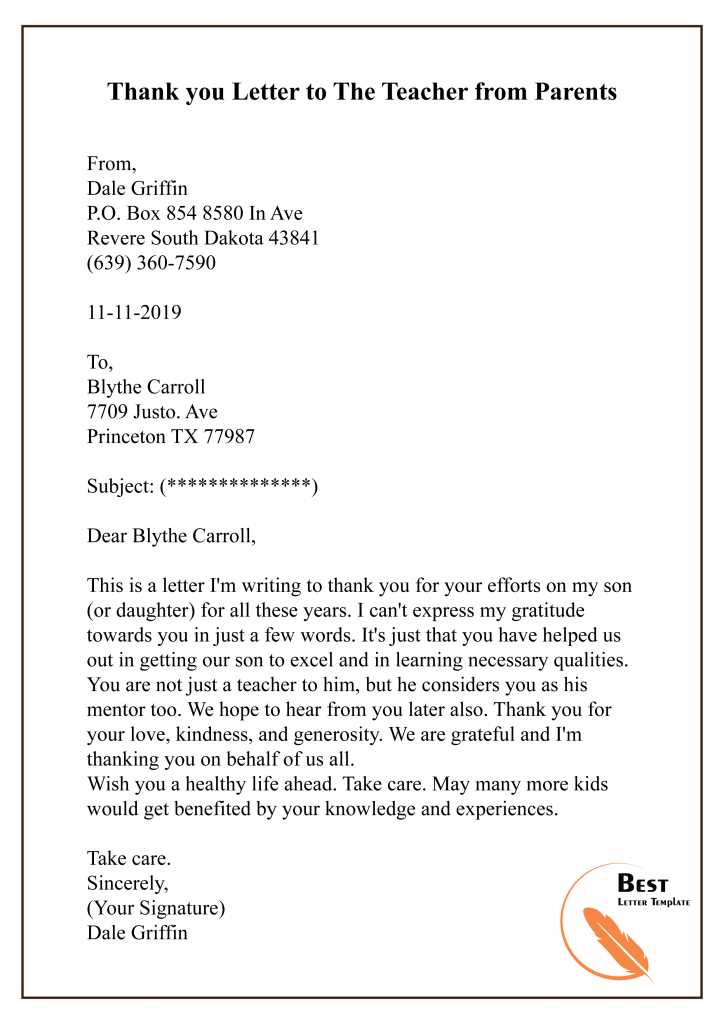 thank you letter for teacher template